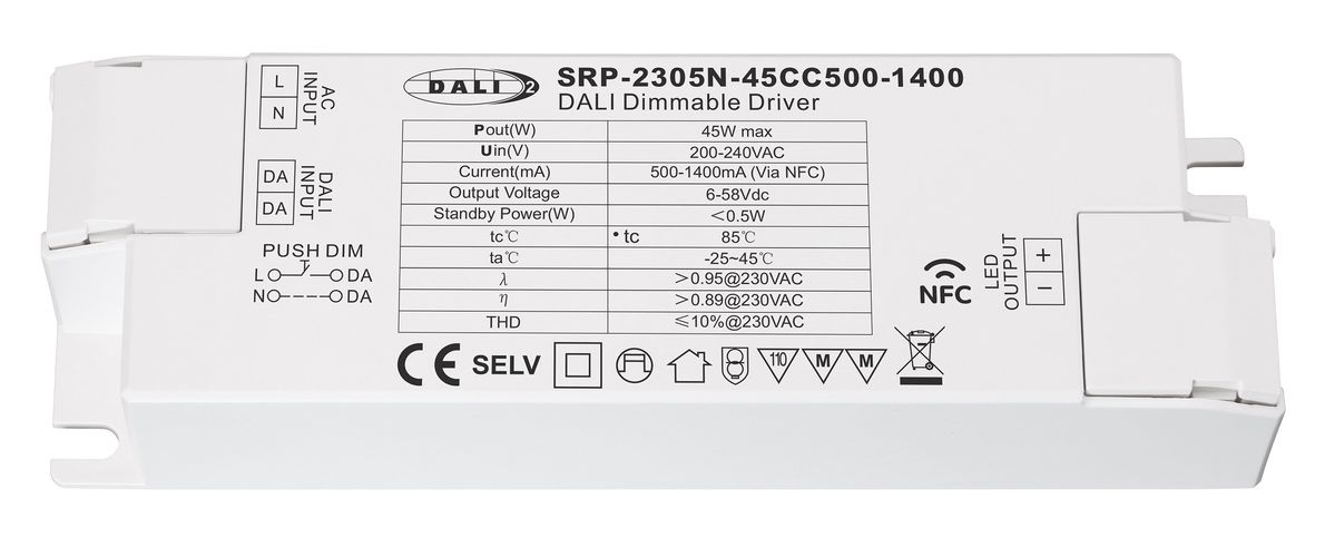 45W ühe väljundiga konstantse vooluga LED toiteallikas 6-58Vdc, 500-1400mA, dimmerdatav PUSH-DIM, DALI-2 NFC seadistusega, PFC, Sunricher. SRP-2305N-45