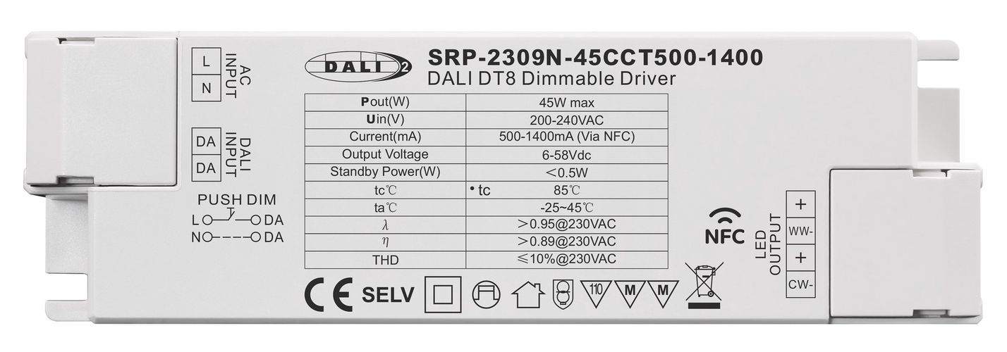 45W kahe väljundiga CCT konstantse vooluga LED toide 6-58Vdc, 500-1400mA, dimmerdatav PUSH-DIM, DALI-2 NFC seadistusega, PFC, Sunricher SRP-2309N-45CCT