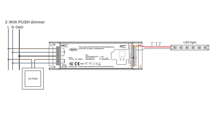 LED toiteplokk 220-240Vac - 24Vdc, 100W, TRIAC + DALI + Push-DIM + 1-10V, Sunricher SRPC-TRIAC-24-100CV