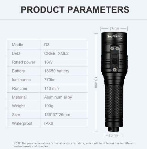 Фонарь для дайвинга, 10Вт CREE XML2, 770лм, IPX8 с аккумулятором 18650 и зарядным устройством SUPERFIRE-D3 6956362901698