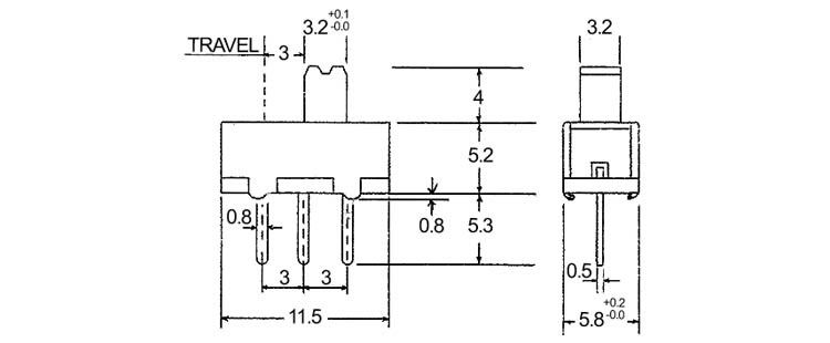 Slide switch; 2pos. 3 pins, ON-ON 0.5A/125VAC; DPDT; 19.0x5.0x12.0mm SW/SL-SM