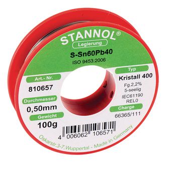 Solder wire Sn60/Pb40 0.50mm 100g with flux Stannol S/810657 4006062106571