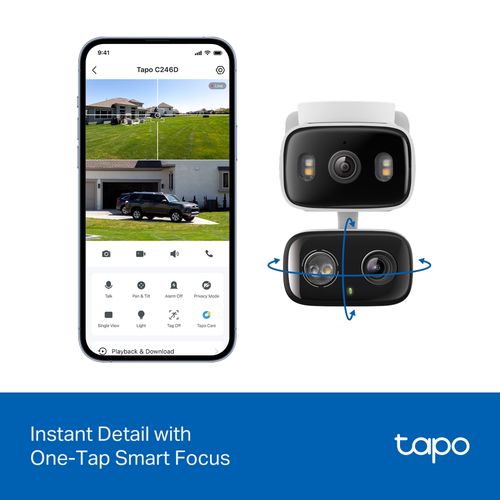 Lauko / Vidaus Wi-Fi kamera su dviem objektyvais, 2K 3MP F2.8 + F6.0, IP65, MicroSD iki 512GB TAPO-C246D