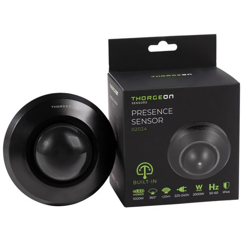 PIR motion and presence detector, 230Vac, 1000W, 20m, recessed or surface mounted, black THORGEON-02024 4751029898579