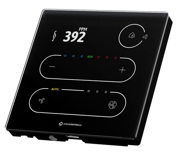 Glass front wall panel with TFT display, touch buttons, temperature, and CO2 sensor. Communication Modbus RTU or BACnet MS/TP. Power supply 24 V AC/DC TP-C-DISP-B