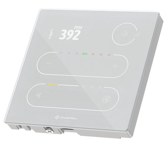 Klaasist esipaneel TFT-ekraaniga, puutenuppudega, temperatuuri, niiskuse ja CO2-anduriga. Kommunikatsioon Modbus RTU või BACnet MS/TP Valge TP-HC-DISP-W