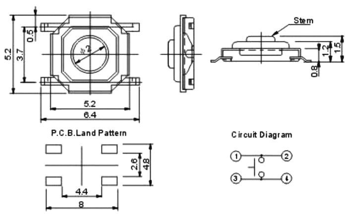 Kontaktlüliti; VÄLJA-(SISSE) fikseerimata; 4 kontakti; 0,05A/12 VDC; SPST-NO; 5,2x5,2mm, SMT; H=1,5mm T-SM4/5.2x5.2/1.5