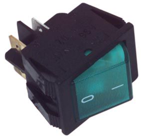 Rocker switch; ON-OFF, fixed, 4pins. 16A/250Vac, 22x30mm, SPST, green NEON illumination KE/BI/LI/220/G