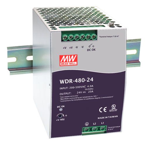 Импульсный источник питания 24В 20А, 2-фазный, PFC, на DIN-рейку, MEAN WELL WDR-480-24