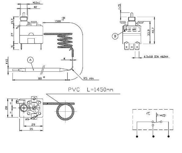 Safety Thermostat Ty95H +90/110°C with Manual Reset, Campini WP-232103/CAM 4772081004876; 8595222607318