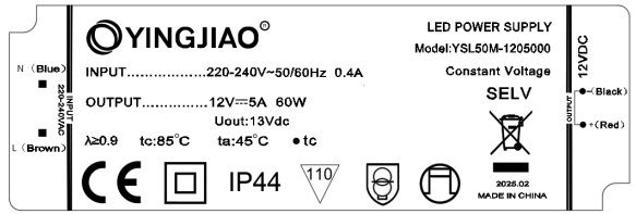 Impulss LED toiteallikas 12Vdc 5.0A, 60W, 18x51x165mm, IP44 YSL50M-1205000