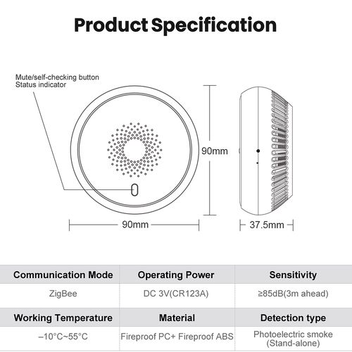 Датчик дыма ZigBee TUYA, с сиреной 85 дБ, белый, CR123A ZSD07 6976037361183