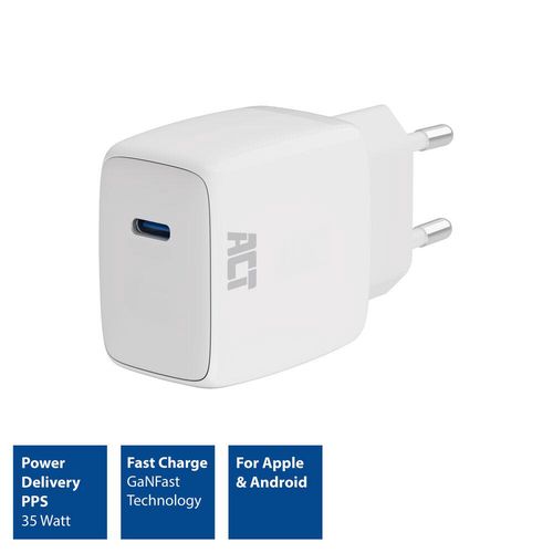 USB charger, 1 x USB-C, Power Delivery function,35W, 1.75A, white ACTAC2135 8716065549348; 8716065549348