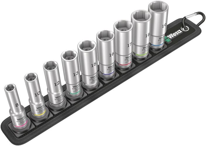 Belt B Deep 1 socket set, 3/8" drive, 1 x 8.0x64.0; 1 x 10.0x64.0; 1 x 12.0x64.0; 1 x 13.0x64.0; 1 x 15.0x64.0; 1 x 16.0x64.0; 1 x 17.0x64.0; 1 x 18.0x64.0; 1 x 19.0x64.0; 1 x 45.0x310.0; 1 x 30.0x200.0, Wera 05004545001