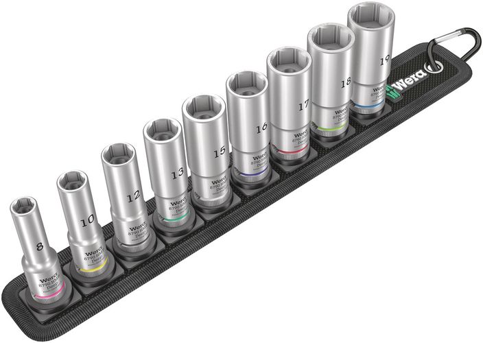 Belt B Deep 1 socket set, 3/8" drive, 1 x 8.0x64.0; 1 x 10.0x64.0; 1 x 12.0x64.0; 1 x 13.0x64.0; 1 x 15.0x64.0; 1 x 16.0x64.0; 1 x 17.0x64.0; 1 x 18.0x64.0; 1 x 19.0x64.0; 1 x 45.0x310.0; 1 x 200.0x30.0, Wera 05004545001