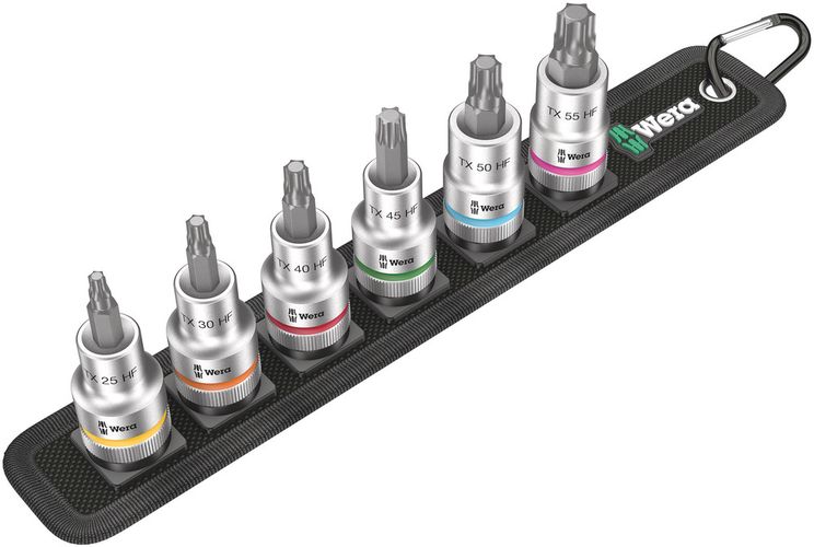 Belt C 3 TORX® HF Zyklop bit socket set with holding function, 1/2" drive, 1 x TX 25x60.0; 1 x TX 30x60.0; 1 x TX 40x60.0; 1 x TX 45x60.0; 1 x TX 50x60.0; 1 x TX 55x60.0; 1 x 45.0x275.0; 1 x 200.0x30.0, Wera 05003997001