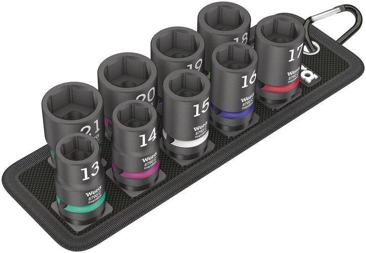 Belt C Impaktor 1 socket set, 1/2" drive, 1 x 13.0x38.0; 1 x 14.0x38.0; 1 x 15.0x38.0; 1 x 16.0x38.0; 1 x 17.0x38.0; 1 x 18.0x38.0; 1 x 19.0x38.0; 1 x 20.0x38.0; 1 x 21.0x38.0; 1 x 71.0x210.0; 1 x 200.0x30.0, Wera 05004580001