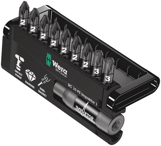 Bit-Check 10 PZ Impaktor 1, 1 x 1/4"x75; 7 x PZ 2x25; 2 x PZ 3x25, Wera 05057684001