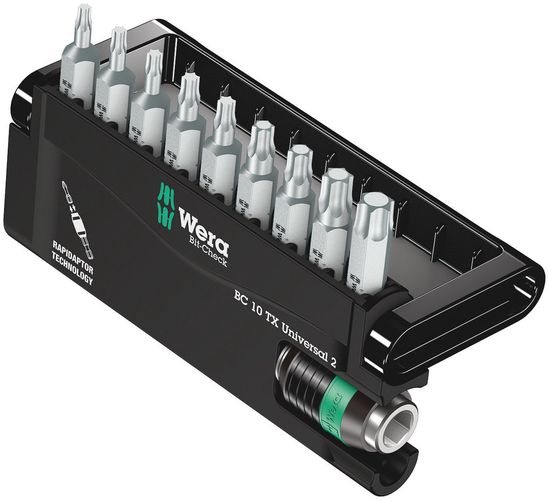 Bit-Check 10 TX Universal 2, 1 x 1/4"x50; 1 x TX 10x25; 1 x TX 15x25; 1 x TX 20x25; 1 x TX 25x25; 1 x TX 30x25; 1 x TX 40x25; 1 x TX 6x25; 1 x TX 8x25; 1 x TX 9x25, Wera 05057115001