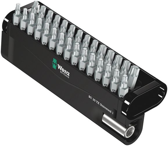 Bit-Check 30 TX Universal 1, 1 x 1/4"x50; 3 x TX 10x25; 5 x TX 15x25; 8 x TX 20x25; 7 x TX 25x25; 4 x TX 30x25; 2 x TX 40x25, Wera 05057908001