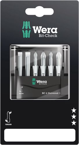 Bit-Check 6 Universal 1 SB, 1 x PH 1x50; 1 x PH 2x50; 1 x PZ 1x50; 1 x PZ 2x50; 1 x 1.0x5.5x50; 1 x 1.2x6.5x50, Wera 05073635001