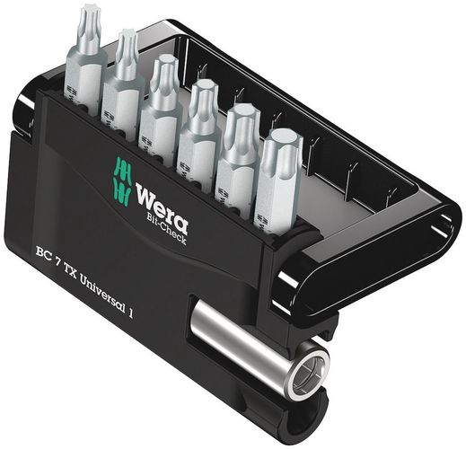 Bit-Check 7 TX Universal 1, 1 x 1/4"x50; 1 x TX 10x25; 1 x TX 15x25; 1 x TX 20x25; 1 x TX 25x25; 1 x TX 30x25; 1 x TX 40x25, Wera 05056294001