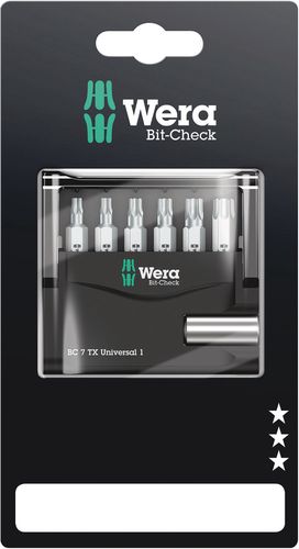 Bit-Check 7 TX Universal 1 SB, 1 x 1/4"x50; 1 x TX 10x25; 1 x TX 15x25; 1 x TX 20x25; 1 x TX 25x25; 1 x TX 30x25; 1 x TX 40x25, Wera 05073404001