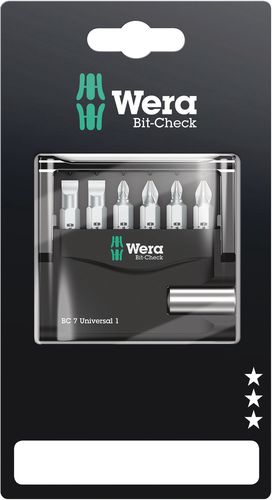 Bit-Check 7 Universal 1 SB, 1 x 1/4"x50; 1 x PH 1x25; 1 x PH 2x25; 1 x PZ 1x25; 1 x PZ 2x25; 1 x 1.0x5.5x25; 1 x 1.2x6.5x25, Wera 05073406001