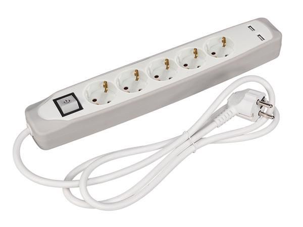 5-WAY SOCKET OUTLET WITH SWITCH - 2 USB PORTS - 1.5 m CABLE - GREY/WHITE - SCHUKO EB5CGUSB-G 5410329726836