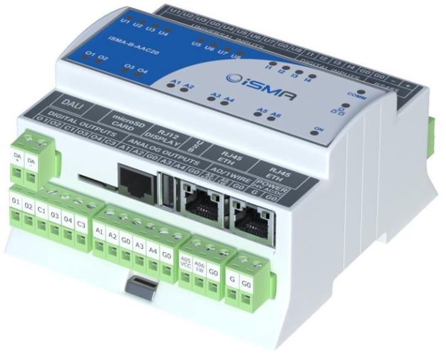 Freely programmable Sedona controller iSMA-B-AAC20-D with optional DALI interface, 8UI, 4DI, 4DO, 4/6 AO, 1x1wire, 1xRS485, 1xUSB, 2xIP, without displ iSMA-B-AAC20-D