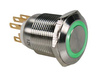 STAINLESS STEEL PUSH BUTTON SPDT 1NO 1NC - GREEN RING - 19mm R1900G 5410329380885; 5410329491253; 5410329529345