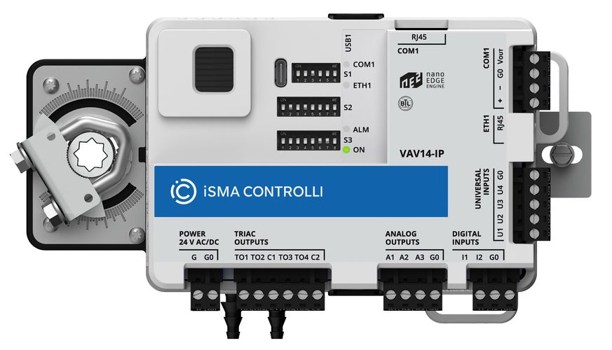 Freely programmable VAV controller, BACnet, Modbus, 1xRS485, 2xETH, 1xUSB, 4xUI, 2xDI, 4xTO, 3xAO, 24 V AC/DC, ISMA CONTROLI VAV14-IP