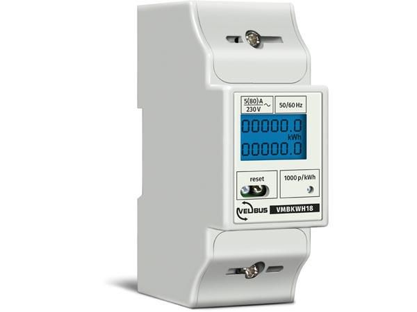 single phase energy meter for DIN rail mounting, 5 (80) A, connectable to VMB7IN VMBKWH18 5410329633677; 5410329647575