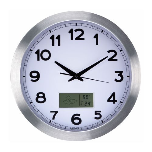 ALUMINIUM LCD WALL CLOCK WITH THERMOMETER, HYGROMETER & FORECAST - Ø 35 cm WC102 5410329696276