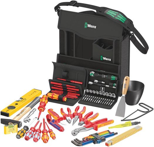 Wera 2go E 1 Tool set for electricians, 1 x Wera 2go 2;1 x 8100 SA 6;1 x 950/9 Hex-Plus Multicolour HF 1;1 x Kraftform Kompakt Turbo i 1 Tool Finder;1 x 932 A;1 x 3162 i VDE;1 x 3165 i PZ VDE;1 x 160 i VDE;1 x 160 iS;1 x 6004 Joker S;1 x KNIPEX® Kombizang 05134025001