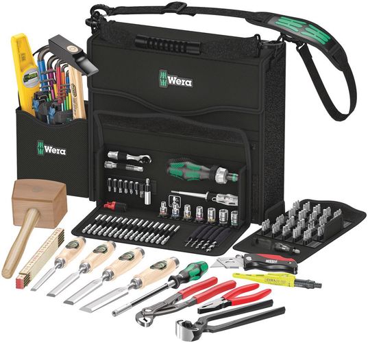 Wera 2go H 1 tool set for wood applications, 1 x Wera 2go 2;1 x Bit-Safe 61 Wood 1;1 x Kraftform Kompakt H1 Holz;1 x 967/9 TX XL Multicolour HF 1;1 x 950/9 Hex-Plus Multicolour HF 1;1 x 393 S;1 x Knipex Kneifzange 210 mm 50 00 210;1 x Stabila® Wasserwaage 05134011001