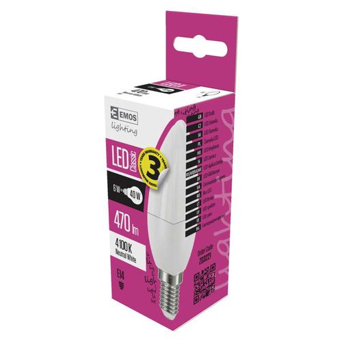 LED lemputė E14 230V 6W 470lm, žvakės formos, neutraliai balta, 4100K, EMOS ZQ3221