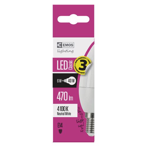 LED lemputė E14 230V 6W 470lm, žvakės formos, neutraliai balta, 4100K, EMOS ZQ3221