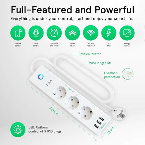 Išmanusis Wi-Fi ilgiklis A5, 3450W, su energijos matavimu, TUYA / Smart Life, NOUS NOUS-A5