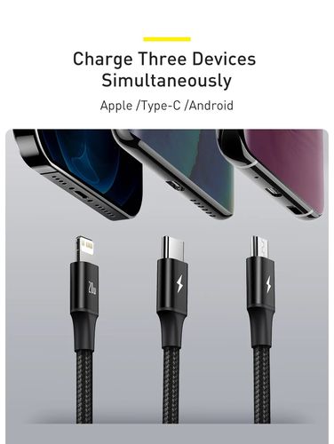 Cable USB C plug - USB C (15W) / micro USB (10W) / IP Lightning (20W) connector cable 1.5m  black Rapid BASEUS CAMLT-SC01 6953156204294