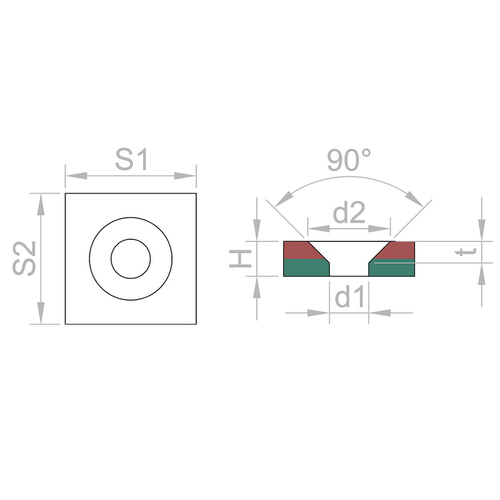 Magnetas su skyle tvirtinimui 15x15x4.5mm NdFeB N35 MAG/15x15/4.5/NEO