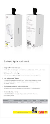 Wall Quick Charger 24W USB QC3.0, White CCALL-BX02 6953156272446