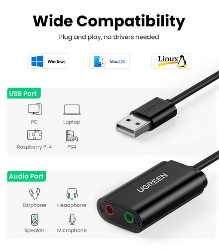 Išorinis garso adapteris USB 2.0, juodas UGREEN/30724