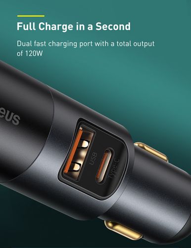 Car Quick Charger with Cigarette Lighter Port 12-24V 120W USB + USB-C, Gray CCBT-C0G