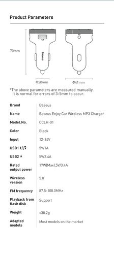 Bluetooth AUX FM Modulator Car Charger 2xUSB 3.4A, Black CCLH-01 6953156206816