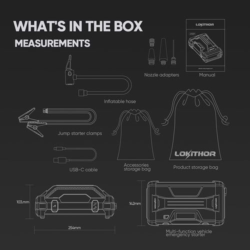 Išorinis akumuliatorius (Powerbank) 20000mAh su pagalbine automobilio užvedimo funkcija (12V iki 2000A) ir kompresoriumi Lokithor JA301 6928493304457