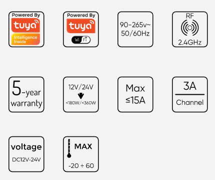 Светодиодный контроллер 12/24Vdc, 15A, VARIANTE RF WIFI TUYA RGBCCT, светодиодная линейка PRIME 201231 5905378201231