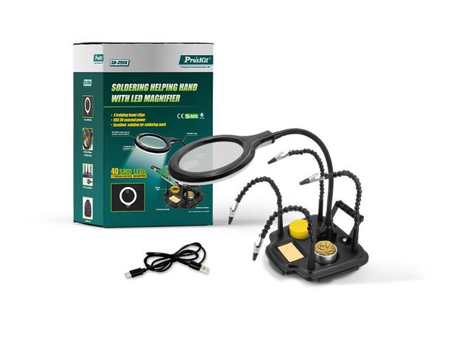 Plokštės laikiklis litavimui su 4 žnyplėmis, lupa bei LED šviestuvu SN-396N 4711552167610