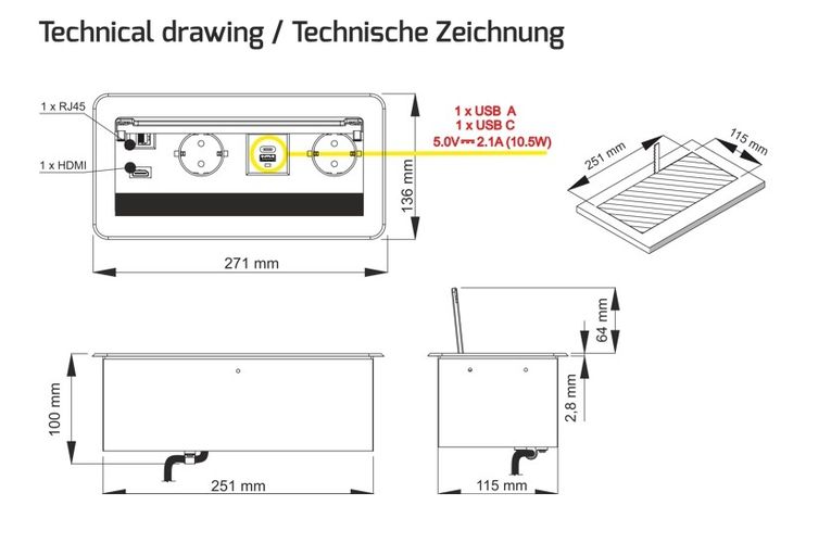 INBOX mööbli pistikupesa, 2 x Schuko, 1x USB, 1x USB-C, HDMI, RJ45 3m must INBOX-CZ-DE-3,0-02