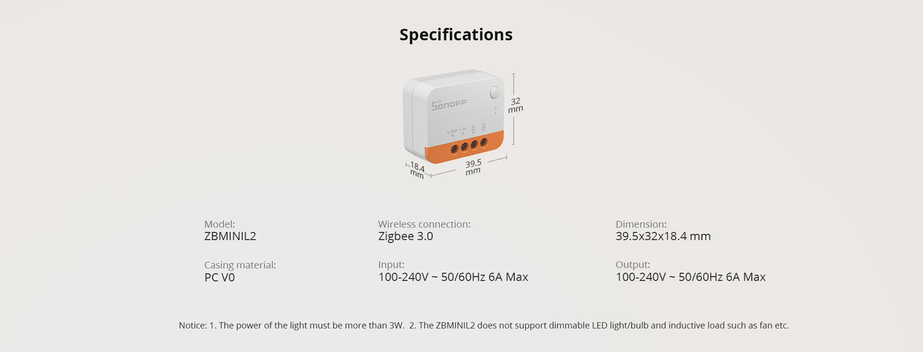 Išmanusis jungiklis, 230VAC, 6A, MINI R2 1-kanalo,  valdomas ZigBee arba fiziniu jungikliu, Sonoff SONOFF-ZBMINI-L2 6920075778298